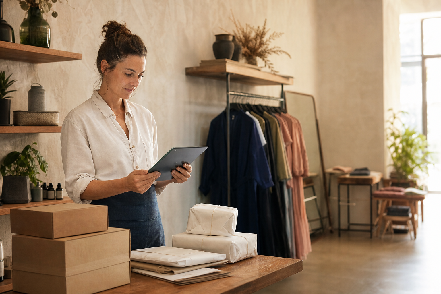 A retail business owner using a tablet in her store