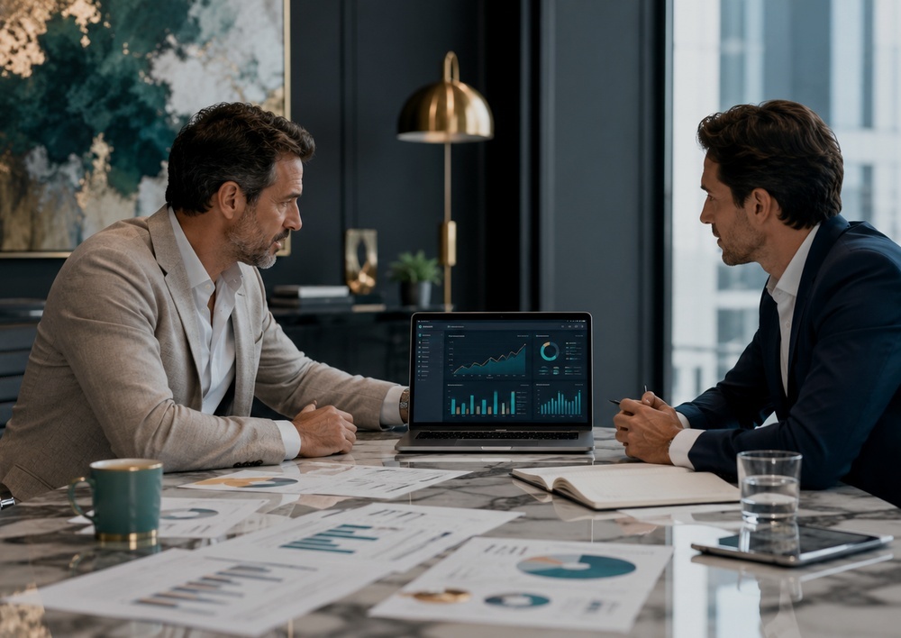 Two professionals reviewing a digital growth strategy
