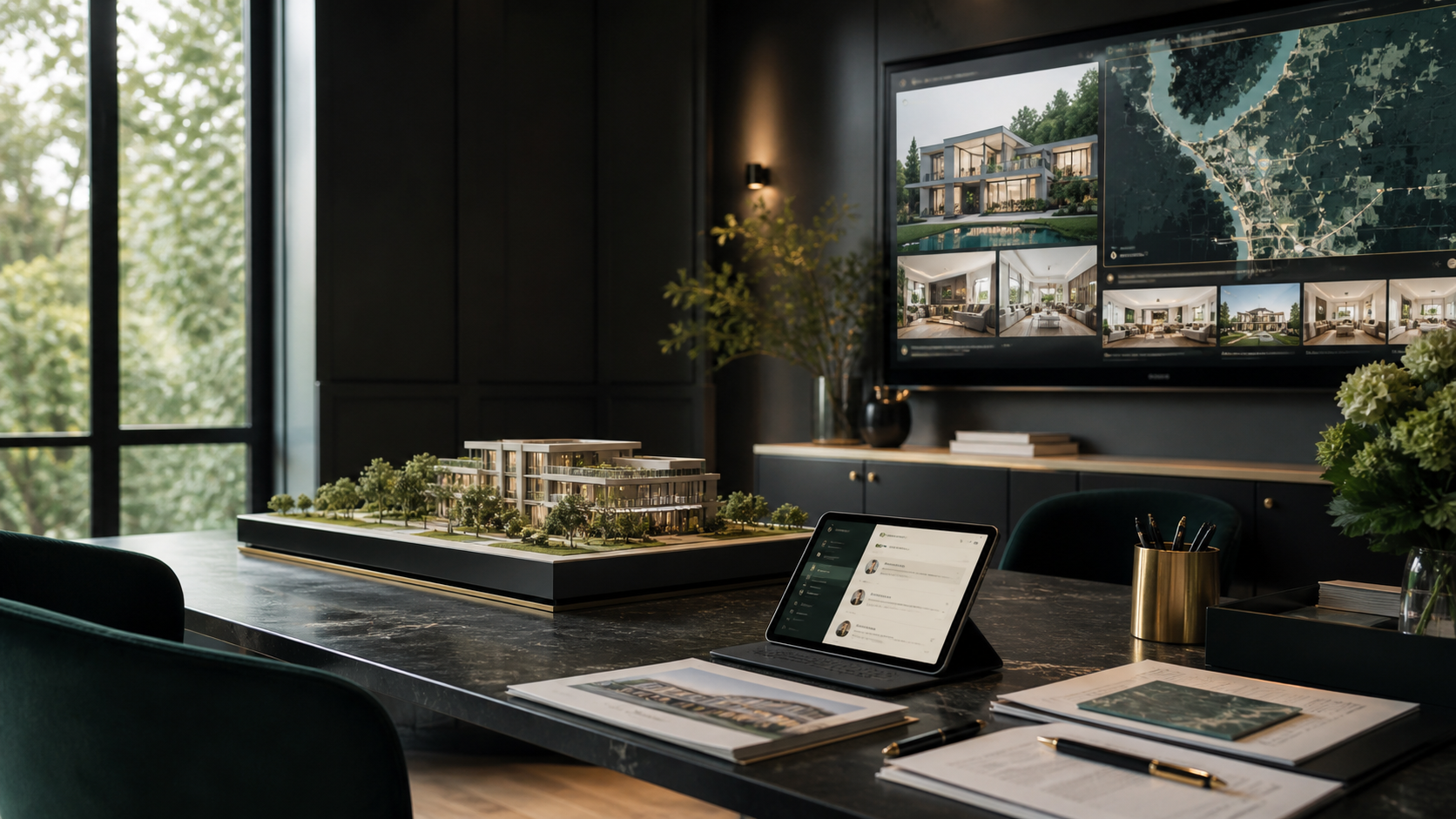 Luxury real estate advisory environment with property presentation, interactive listings, lead capture, and CRM